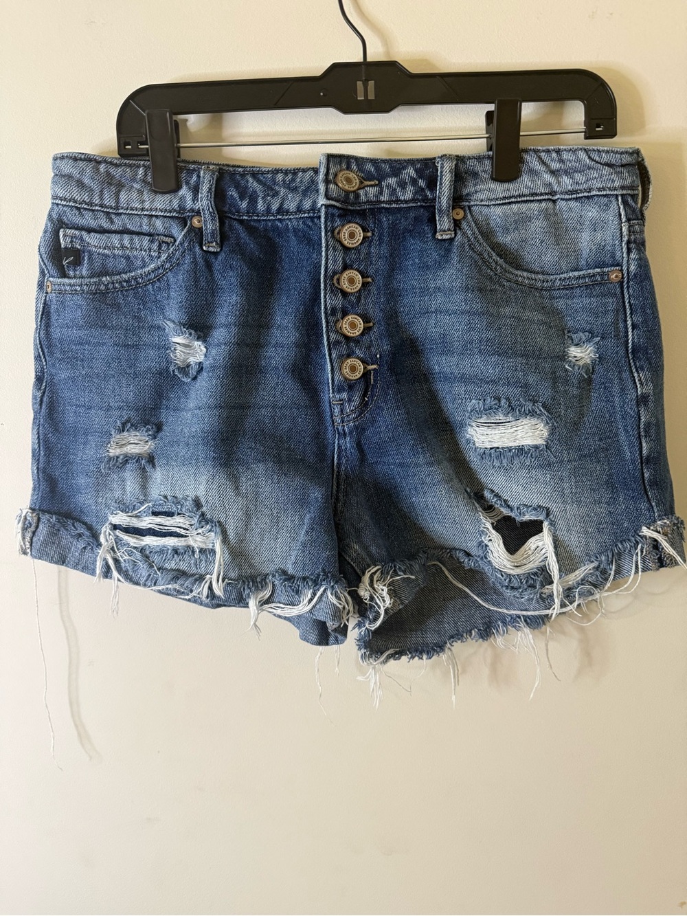 KanCan Distressed Button-Fly Blue Denim Shorts